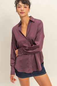 Sammy Button - Up Satin Top In Dark Cherry