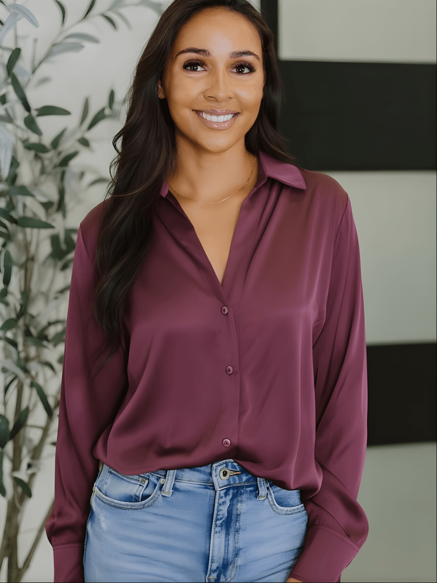 Sammy Button - Up Satin Top In Dark Cherry