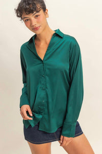 Sammy Button - Up Satin Top In Dark Green