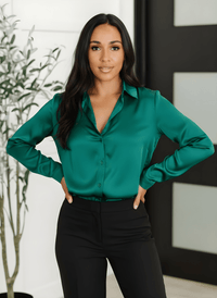 Sammy Button - Up Satin Top In Dark Green