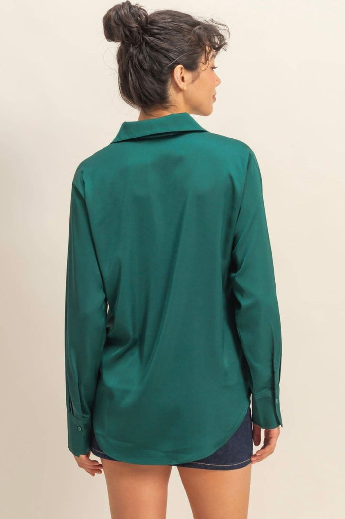 Sammy Button - Up Satin Top In Dark Green