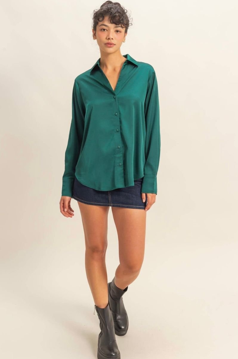 Sammy Button - Up Satin Top In Dark Green