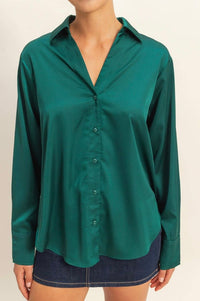 Sammy Button - Up Satin Top In Dark Green