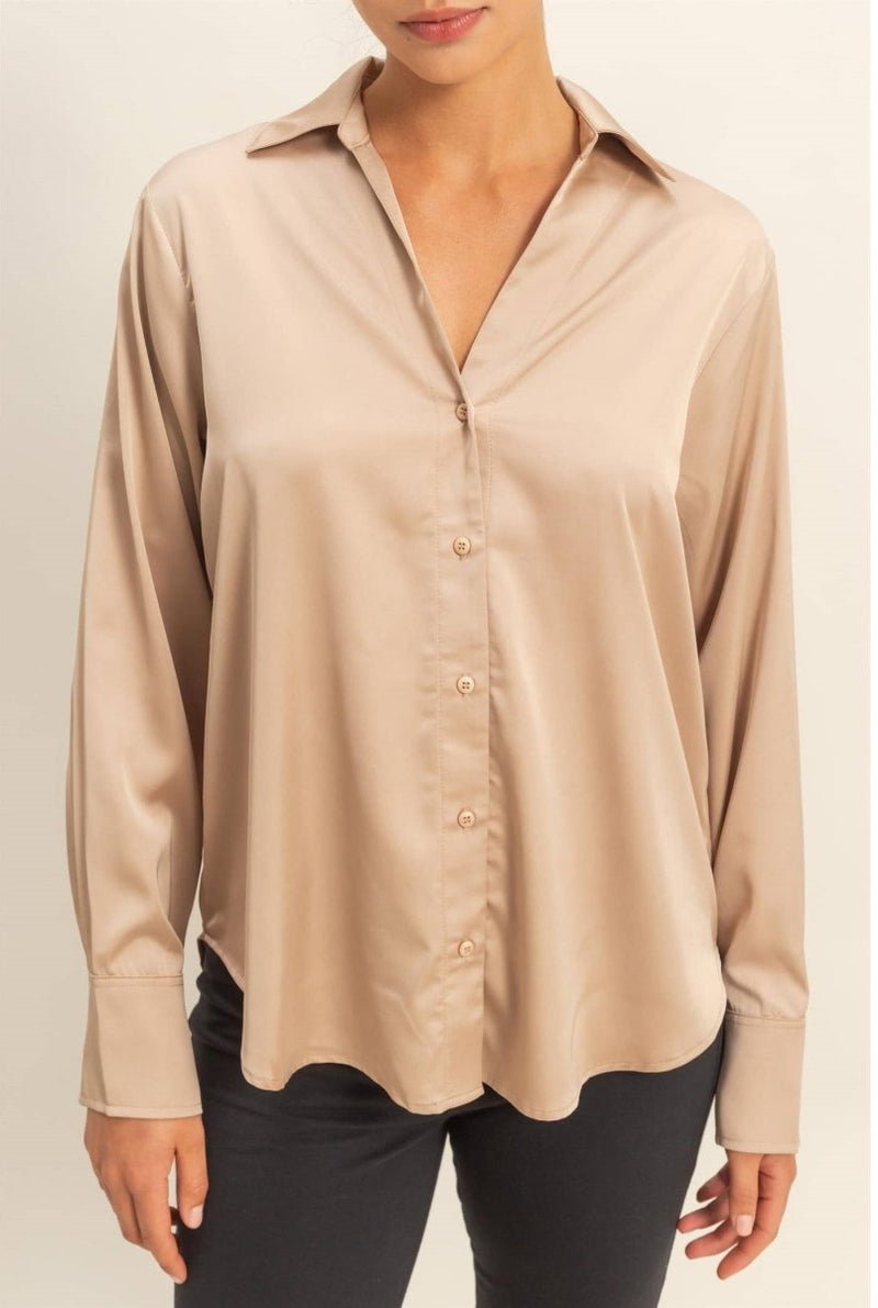 Sammy Button - Up Satin Top In Dark Taupe