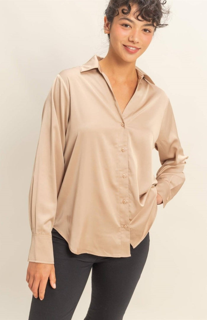 Sammy Button - Up Satin Top In Dark Taupe