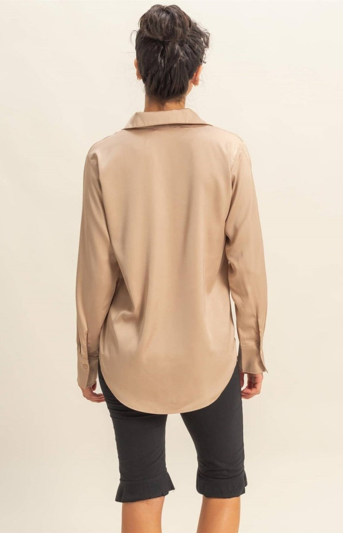 Sammy Button - Up Satin Top In Dark Taupe