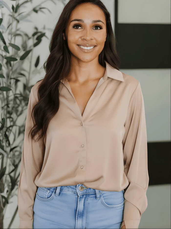 Sammy Button - Up Satin Top In Dark Taupe