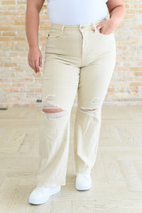 Selena High Rise Distressed Straight Jeans in Bone