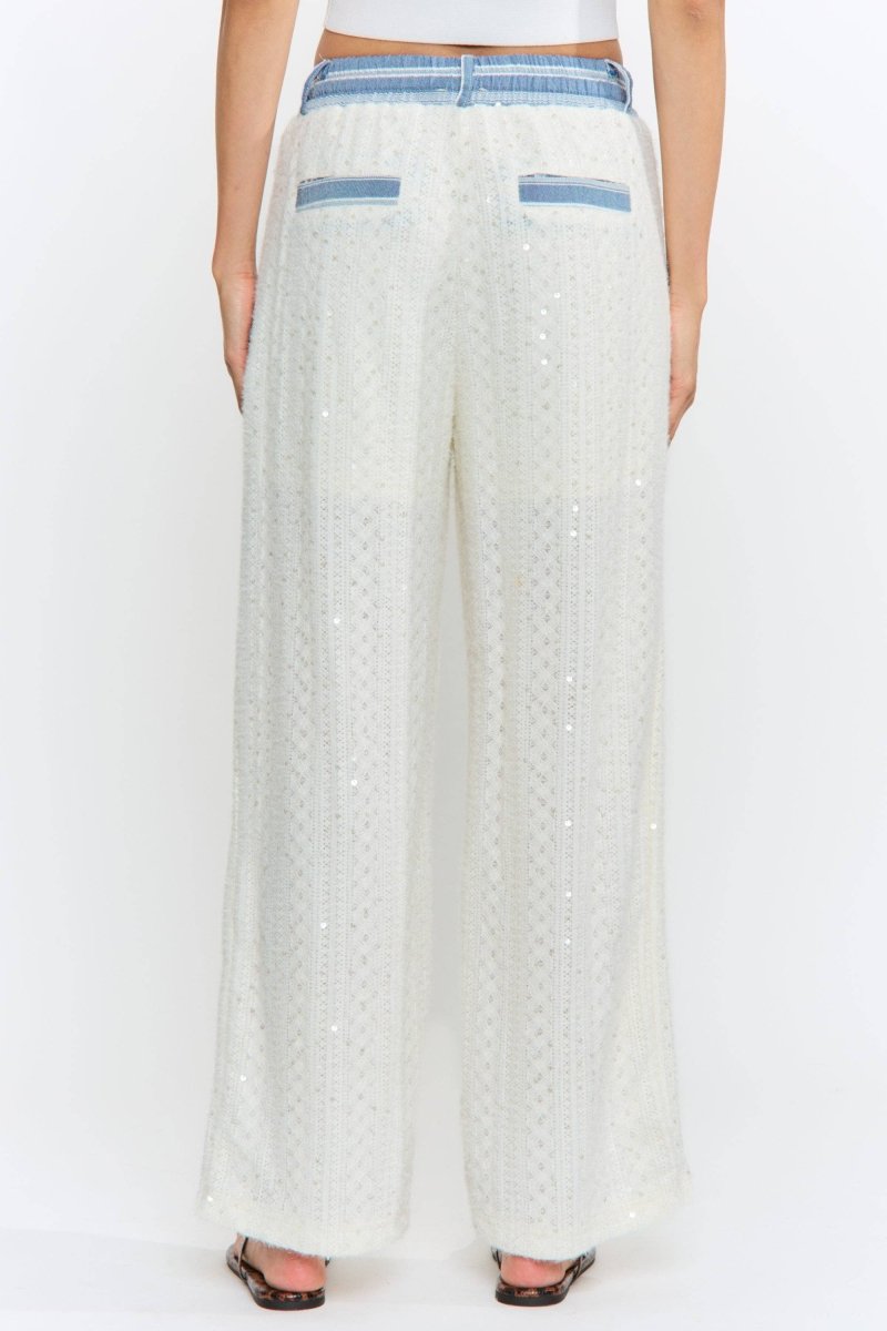 Sequin Embellished Denim Trim Knit Pants