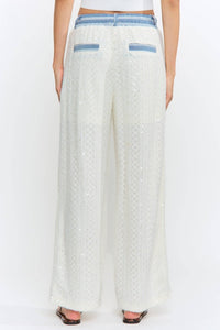 Sequin Embellished Denim Trim Knit Pants