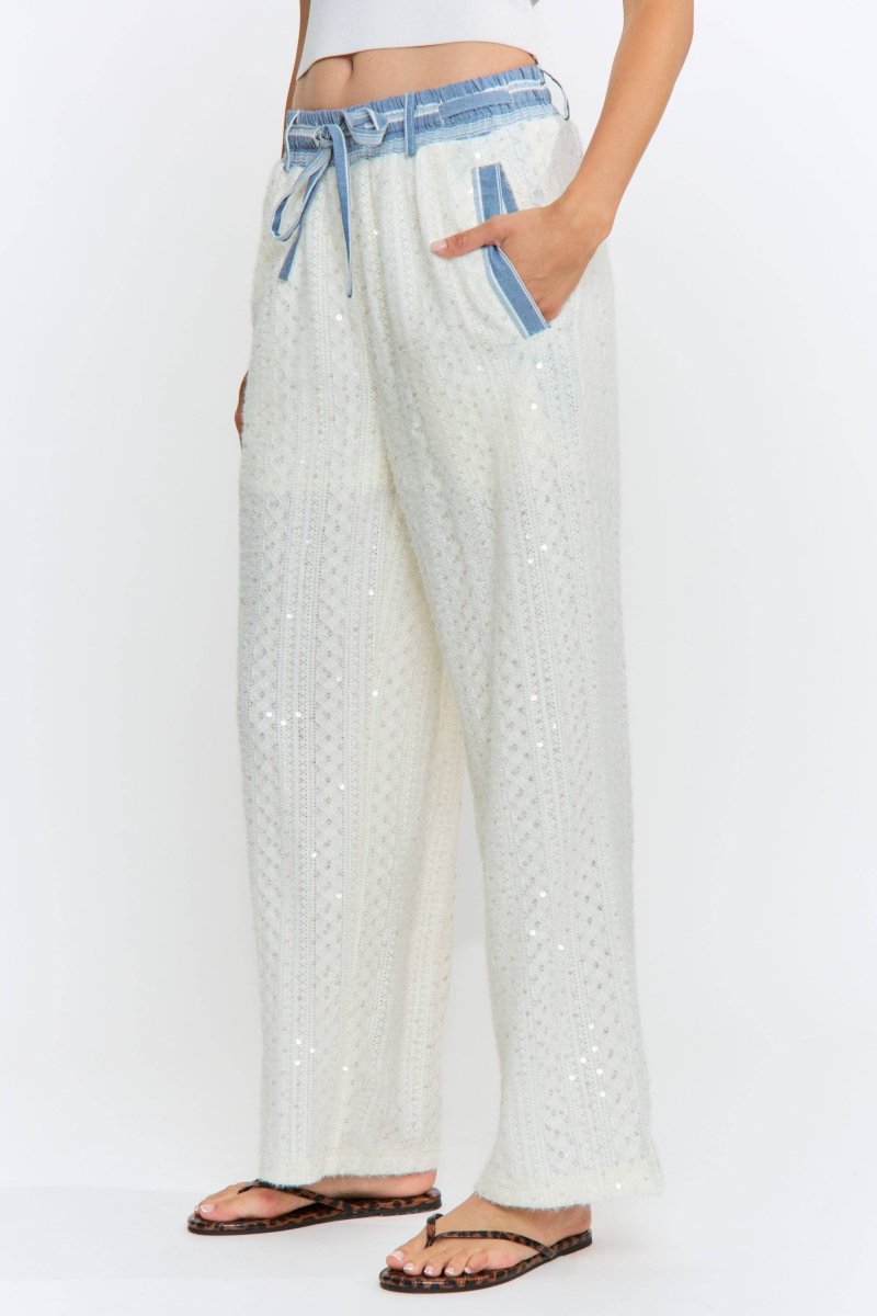 Sequin Embellished Denim Trim Knit Pants
