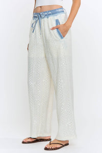 Sequin Embellished Denim Trim Knit Pants