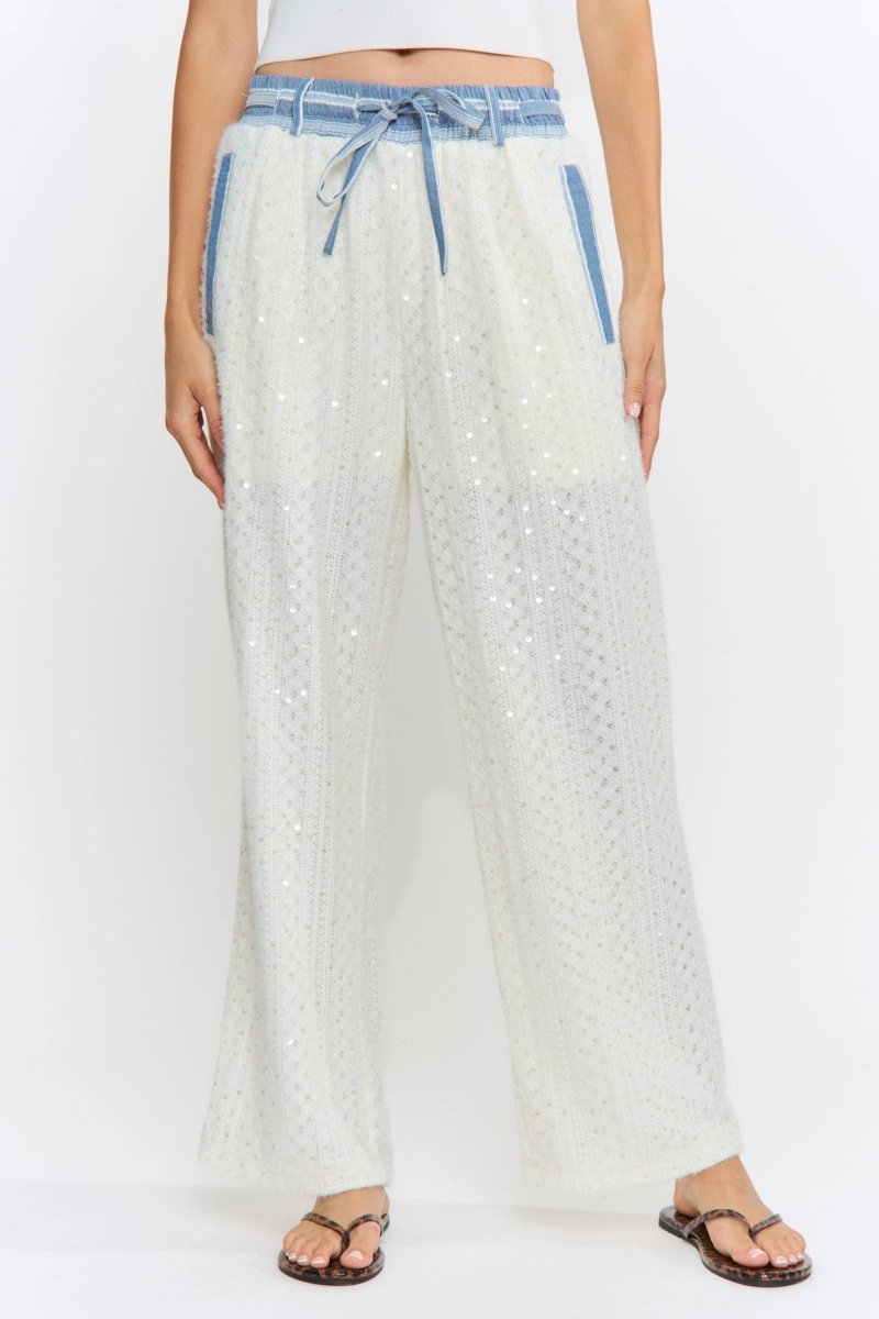 Sequin Embellished Denim Trim Knit Pants