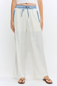 Sequin Embellished Denim Trim Knit Pants