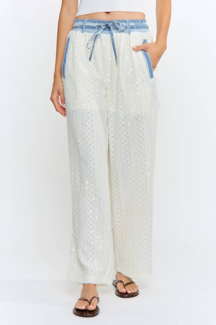 Sequin Embellished Denim Trim Knit Pants