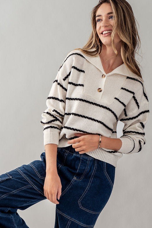 Shawl Collar Striped Knit Top