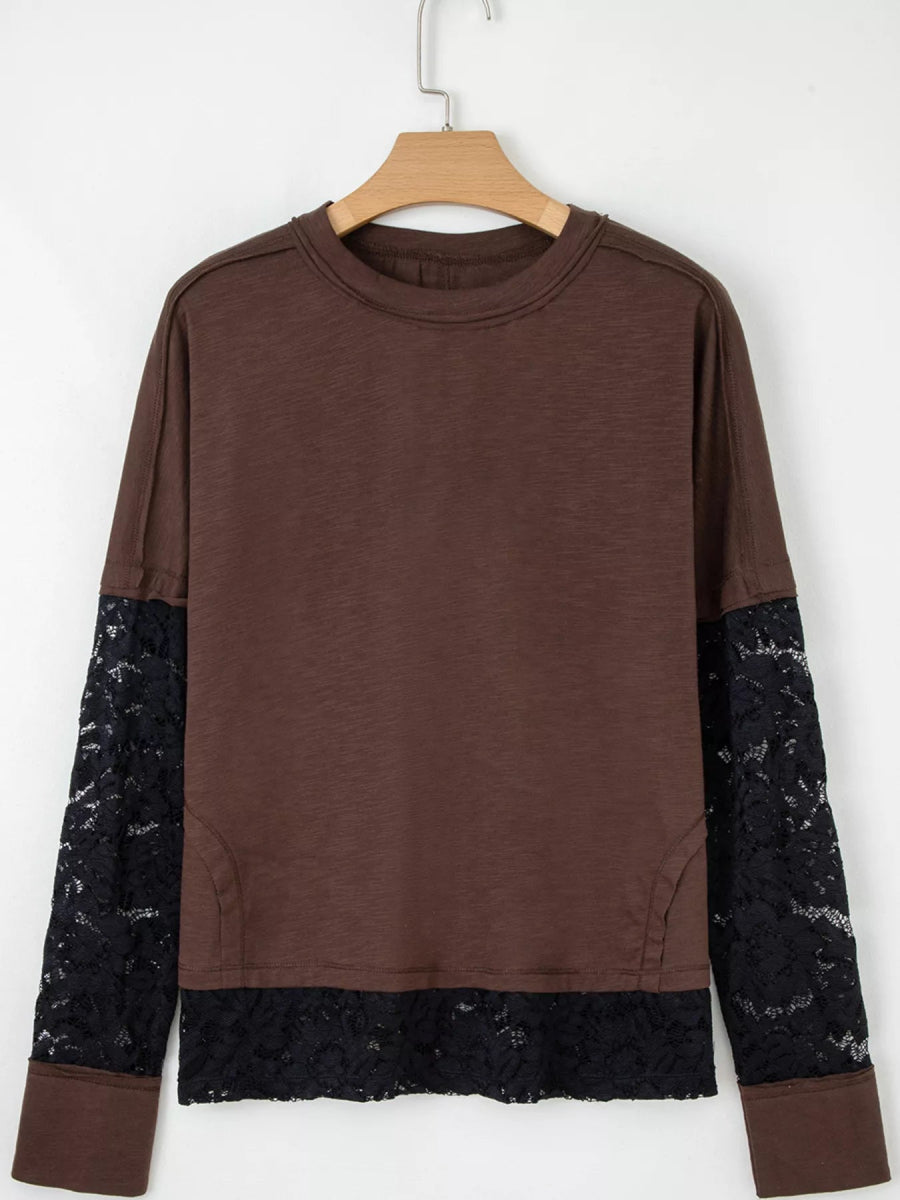 Sheer Lace Patchwork Casual Long Sleeve Top