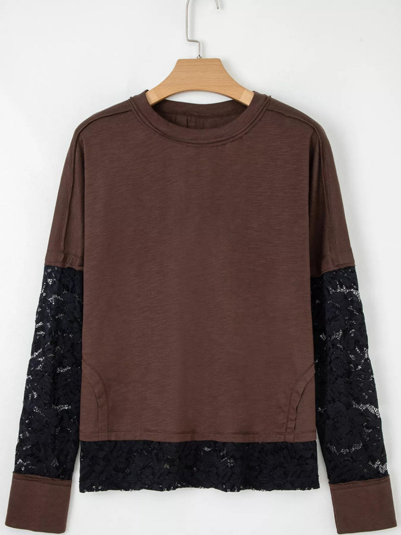 Sheer Lace Patchwork Casual Long Sleeve Top