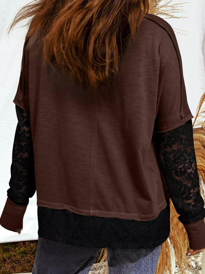 Sheer Lace Patchwork Casual Long Sleeve Top