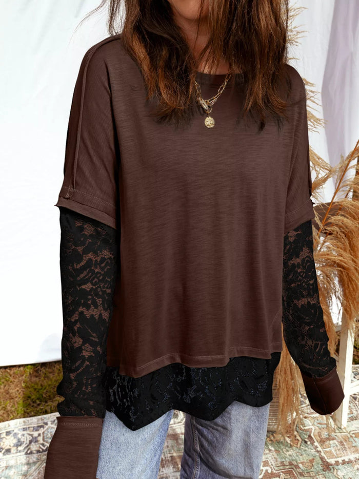Sheer Lace Patchwork Casual Long Sleeve Top