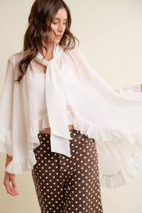 Sheer Ruffle Bell Sleeves Bow Tie Flowy Blouse Top