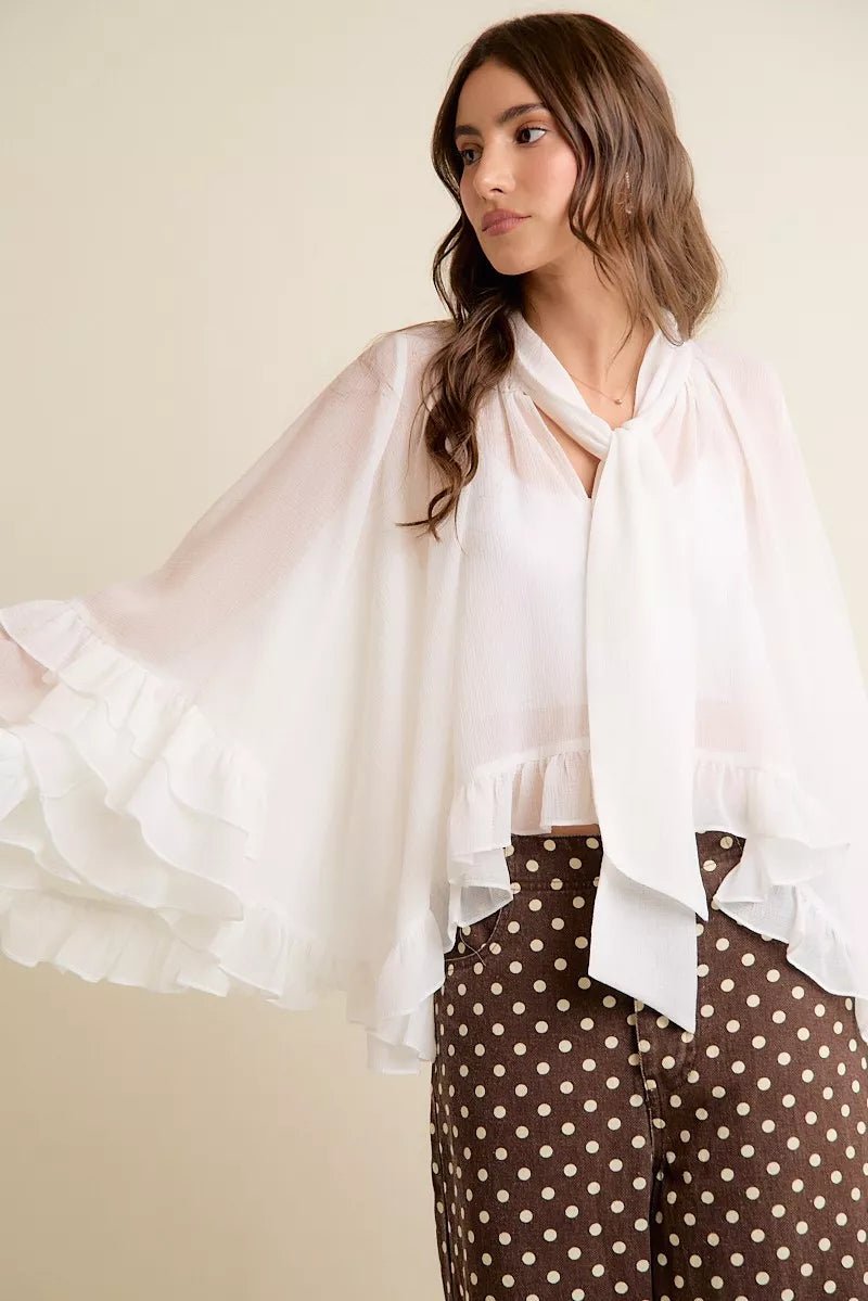 Sheer Ruffle Bell Sleeves Bow Tie Flowy Blouse Top