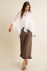 Sheer Ruffle Bell Sleeves Bow Tie Flowy Blouse Top