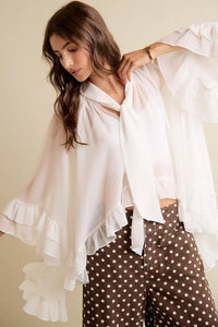 Sheer Ruffle Bell Sleeves Bow Tie Flowy Blouse Top