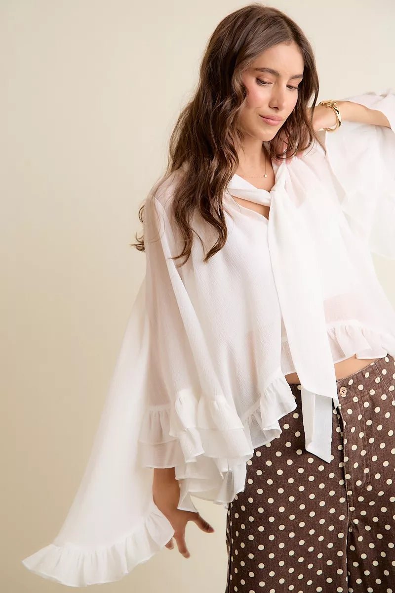 Sheer Ruffle Bell Sleeves Bow Tie Flowy Blouse Top