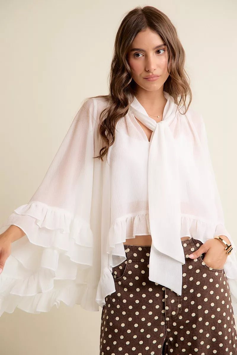 Sheer Ruffle Bell Sleeves Bow Tie Flowy Blouse Top