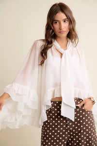 Sheer Ruffle Bell Sleeves Bow Tie Flowy Blouse Top