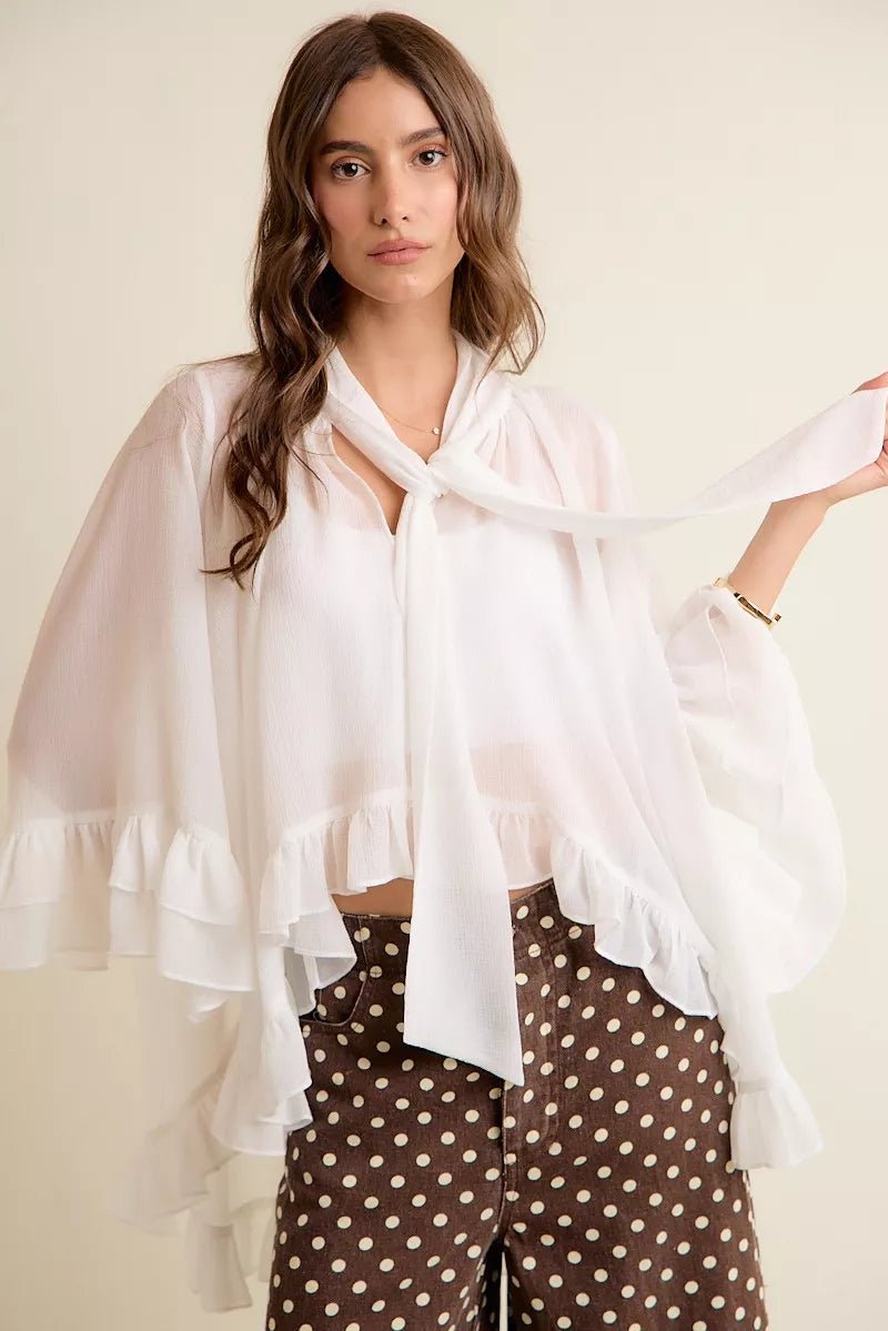 Sheer Ruffle Bell Sleeves Bow Tie Flowy Blouse Top