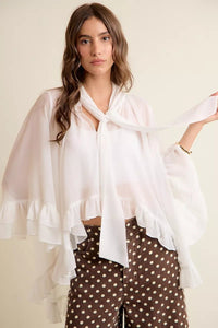Sheer Ruffle Bell Sleeves Bow Tie Flowy Blouse Top
