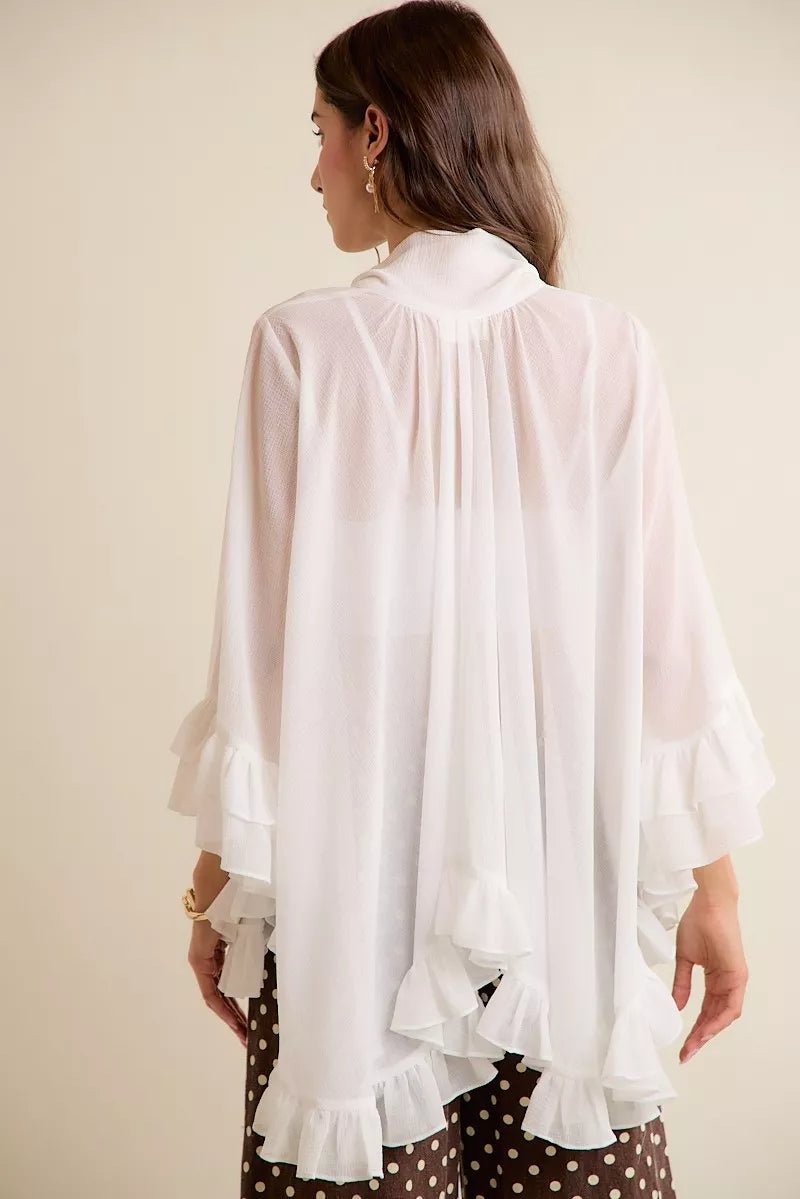 Sheer Ruffle Bell Sleeves Bow Tie Flowy Blouse Top