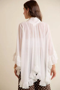 Sheer Ruffle Bell Sleeves Bow Tie Flowy Blouse Top