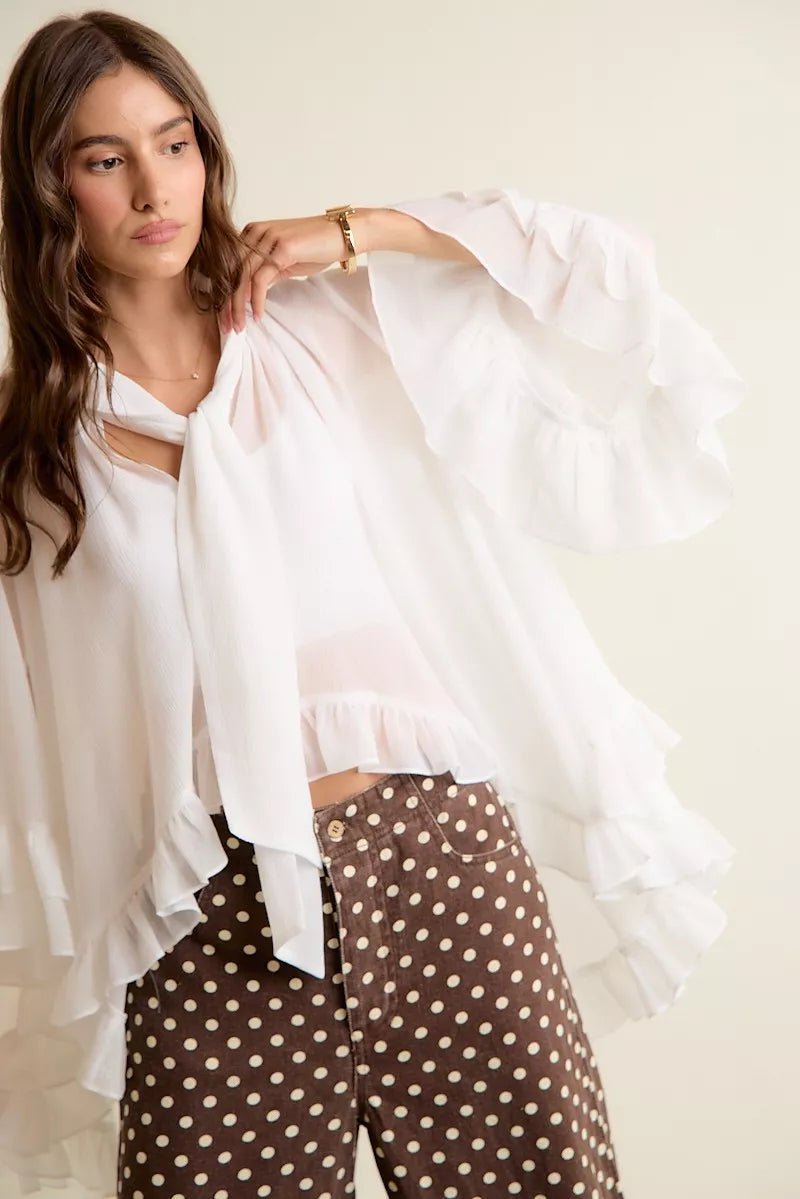 Sheer Ruffle Bell Sleeves Bow Tie Flowy Blouse Top