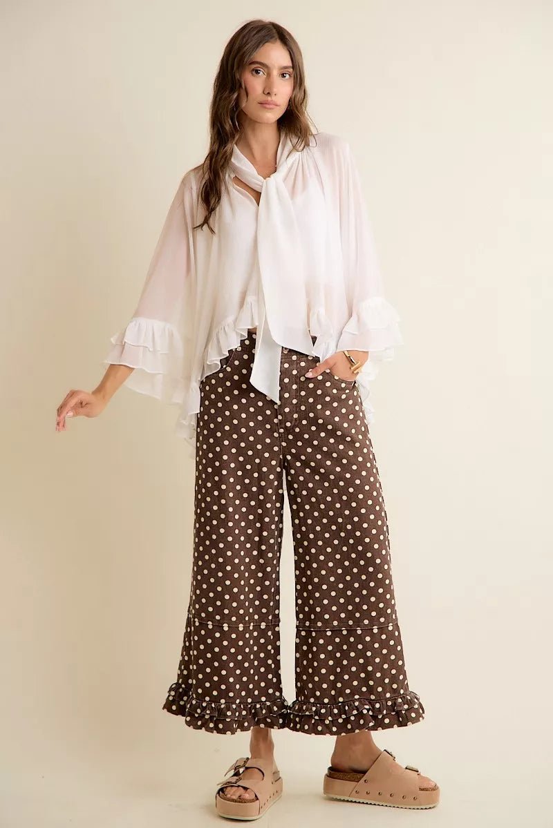 Sheer Ruffle Bell Sleeves Bow Tie Flowy Blouse Top