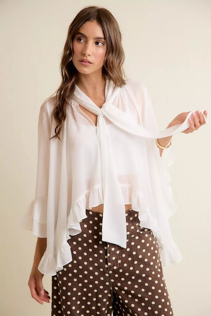 Sheer Ruffle Bell Sleeves Bow Tie Flowy Blouse Top