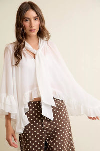 Sheer Ruffle Bell Sleeves Bow Tie Flowy Blouse Top