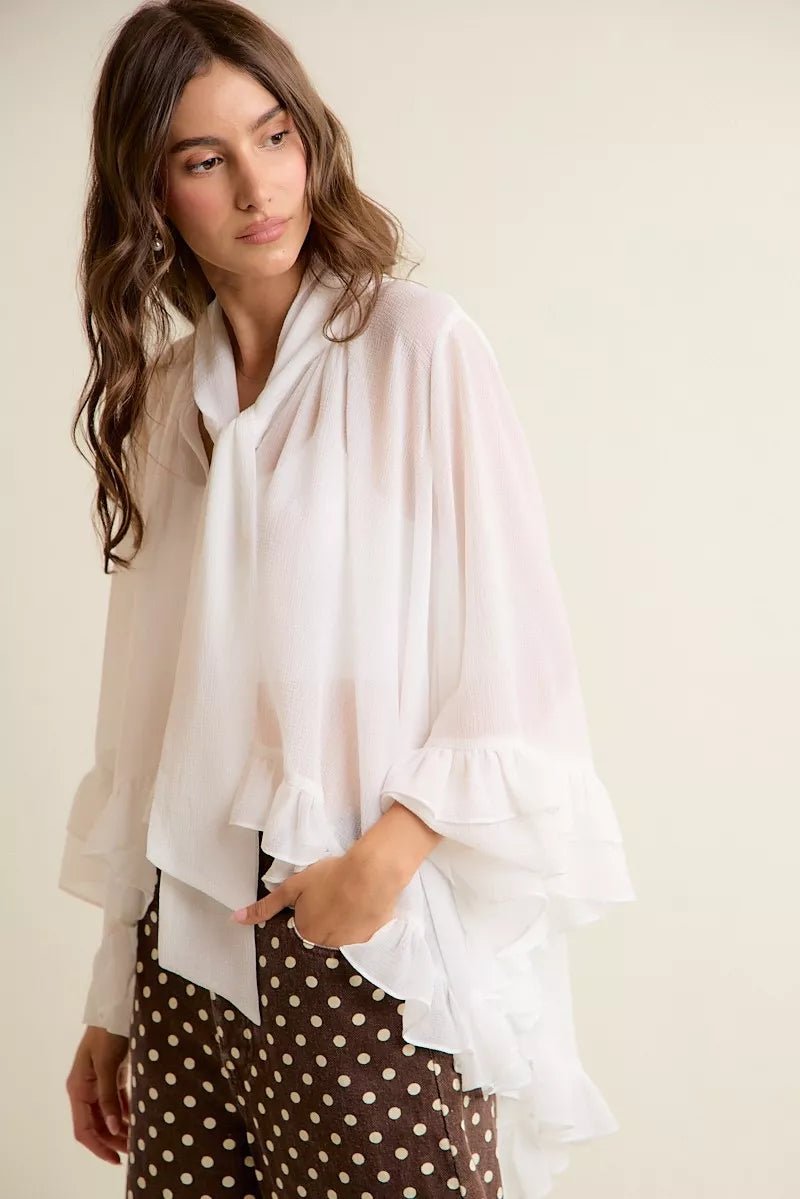 Sheer Ruffle Bell Sleeves Bow Tie Flowy Blouse Top