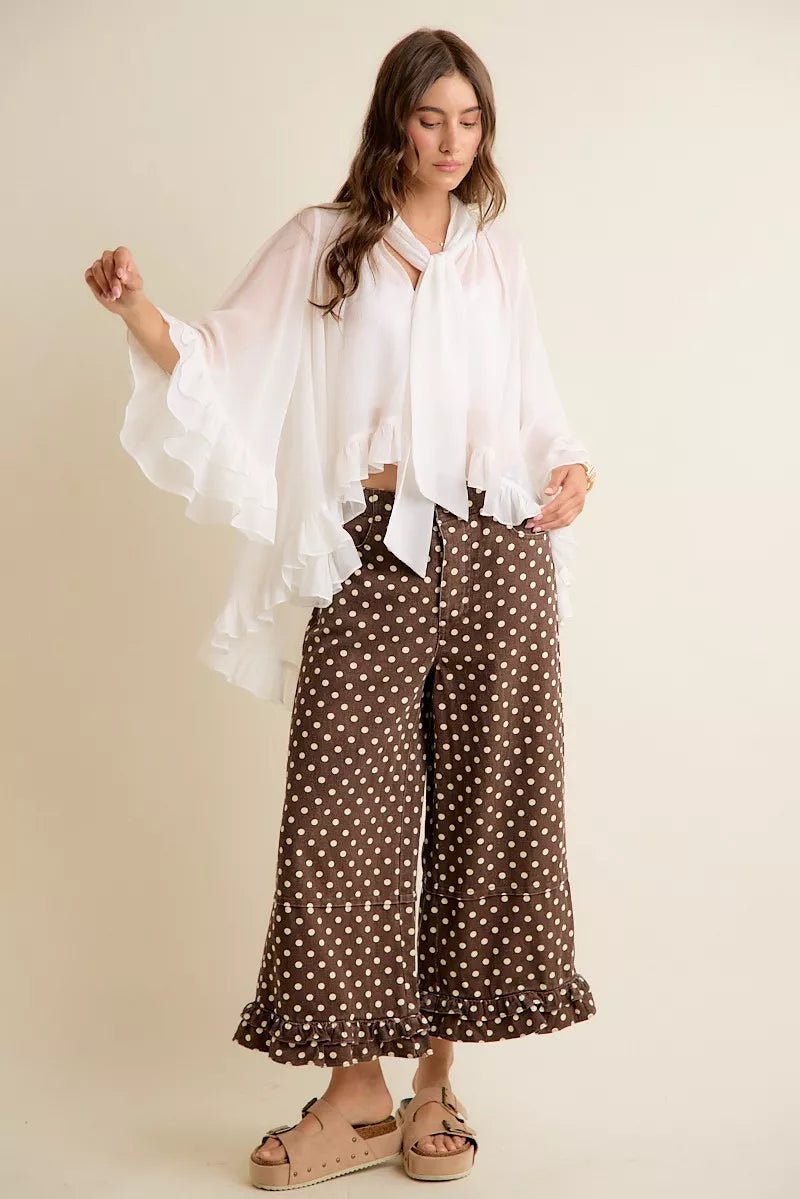 Sheer Ruffle Bell Sleeves Bow Tie Flowy Blouse Top