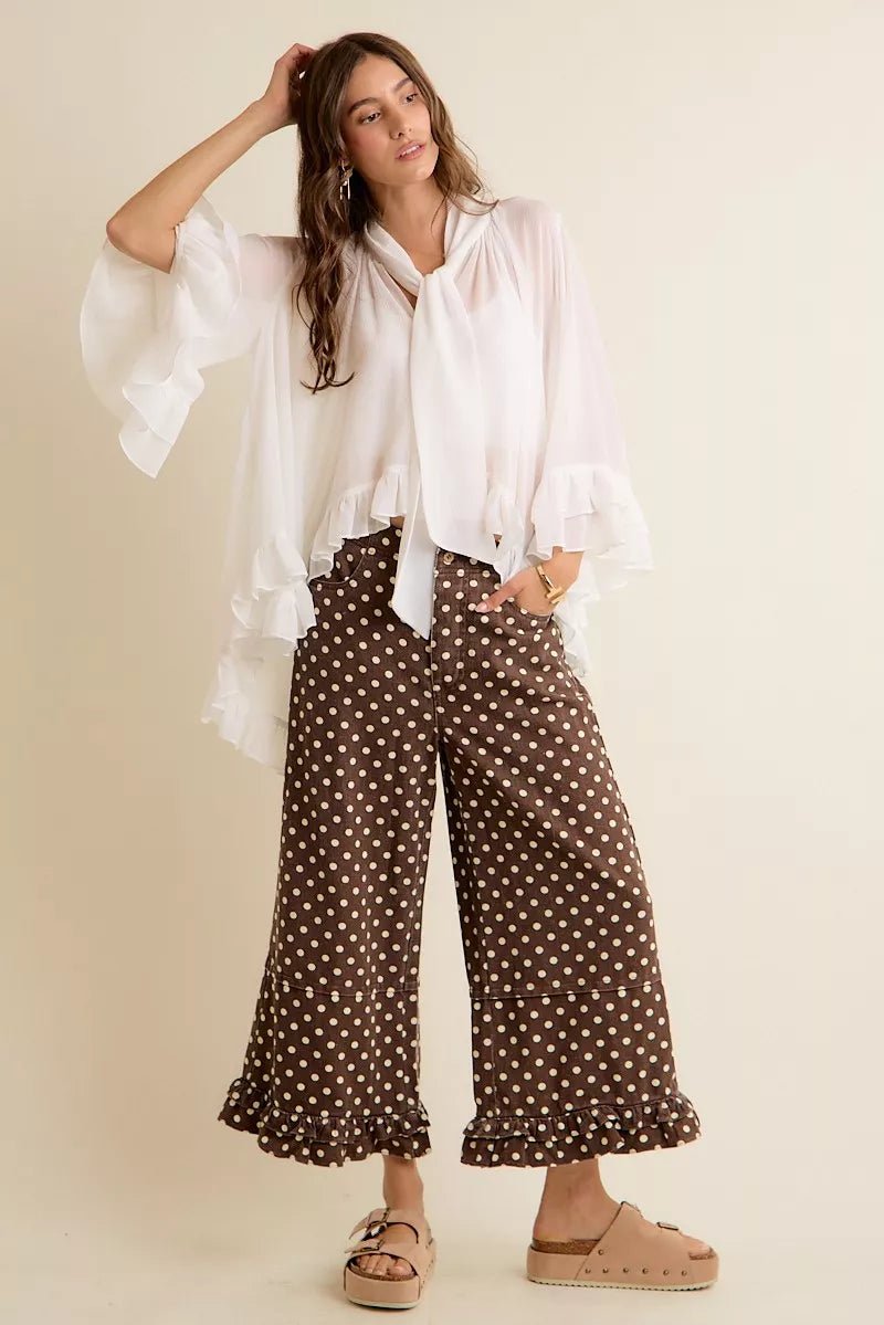 Sheer Ruffle Bell Sleeves Bow Tie Flowy Blouse Top