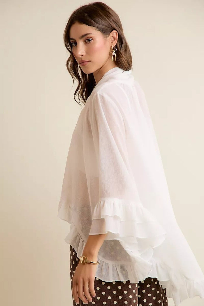 Sheer Ruffle Bell Sleeves Bow Tie Flowy Blouse Top