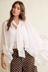 Sheer Ruffle Bell Sleeves Bow Tie Flowy Blouse Top