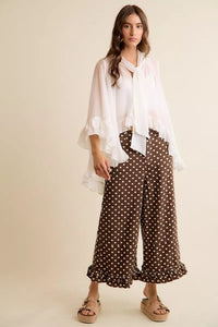 Sheer Ruffle Bell Sleeves Bow Tie Flowy Blouse Top