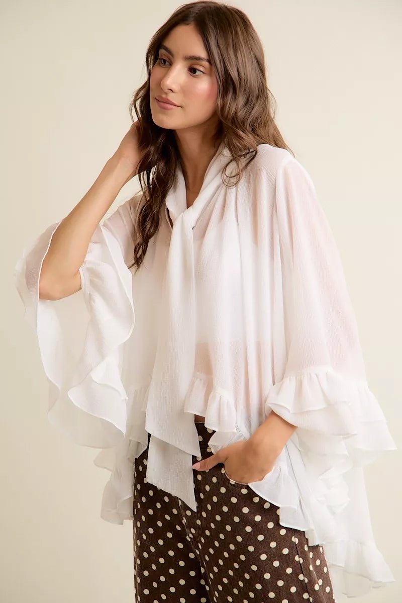 Sheer Ruffle Bell Sleeves Bow Tie Flowy Blouse Top