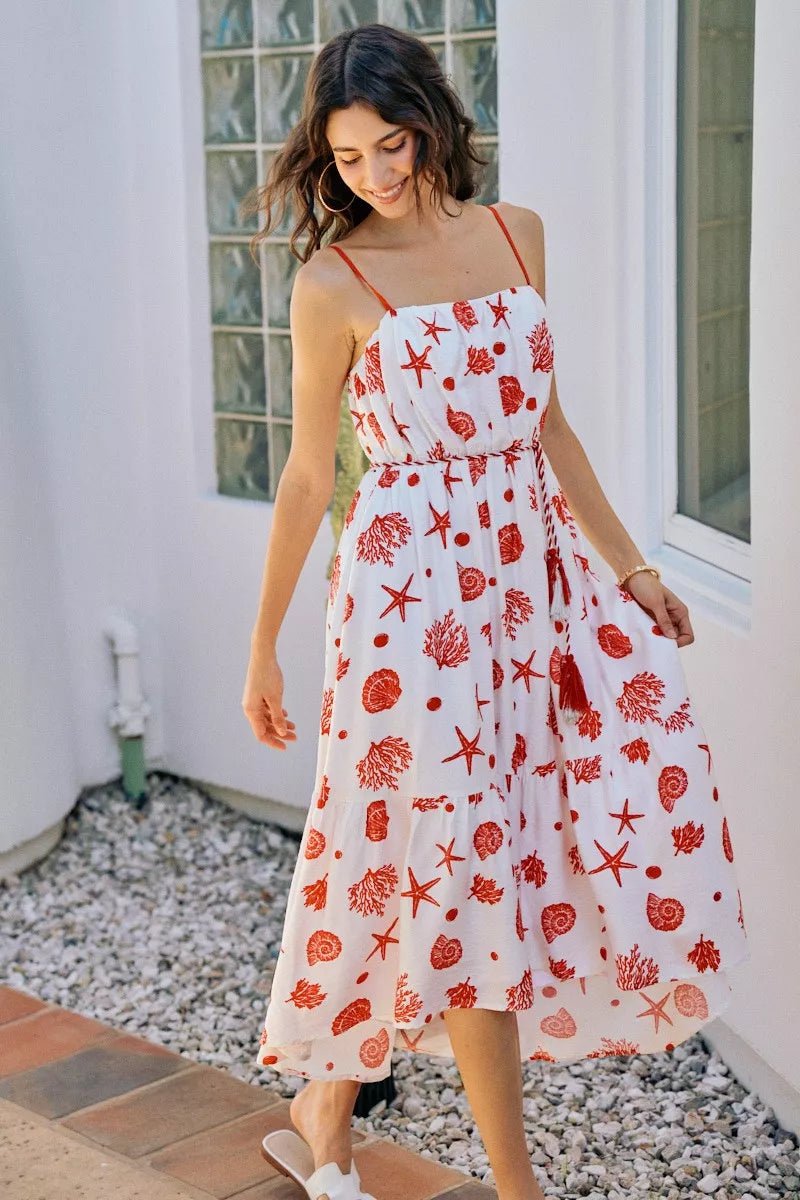 Shell Print Tiered Lined Midi Cami Dress With Belt