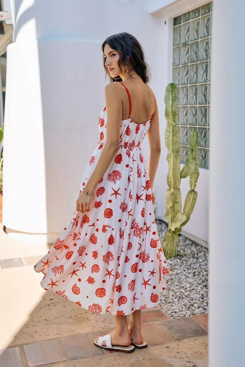 Shell Print Tiered Lined Midi Cami Dress With Belt