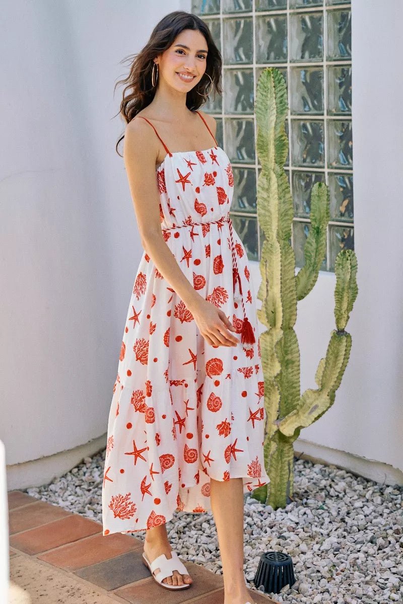 Shell Print Tiered Lined Midi Cami Dress With Belt