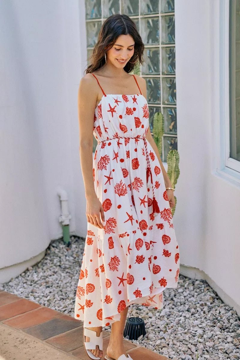 Shell Print Tiered Lined Midi Cami Dress With Belt